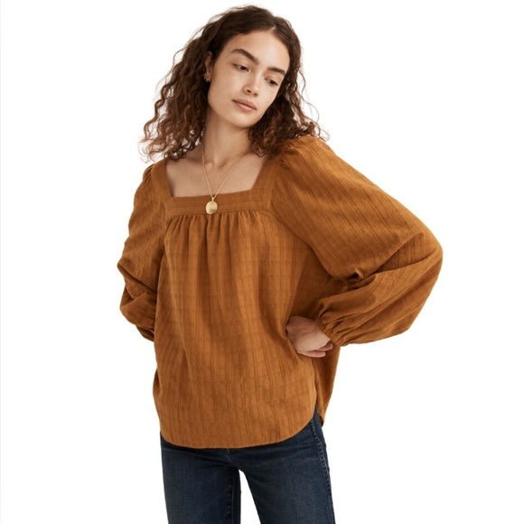 Madewell Square Neck Bubble Sleeve Top in Mustard Plaid. Small - Picture 1 of 4